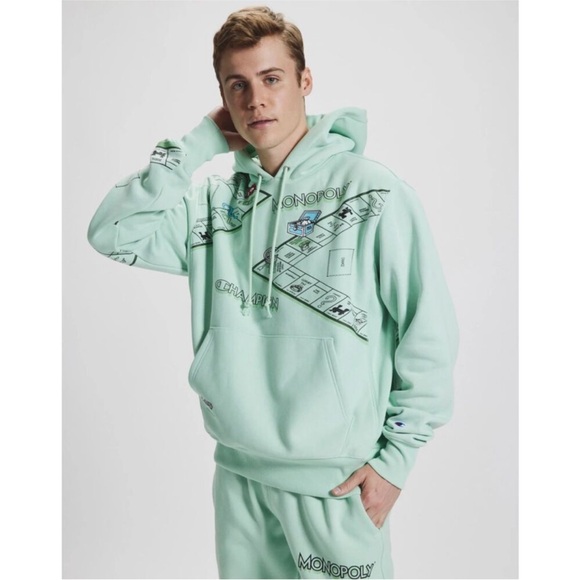 Champion X Monopoly Reverse Weave Hooded Hoodie Sweatshirt Green Size Medium - Picture 1 of 13